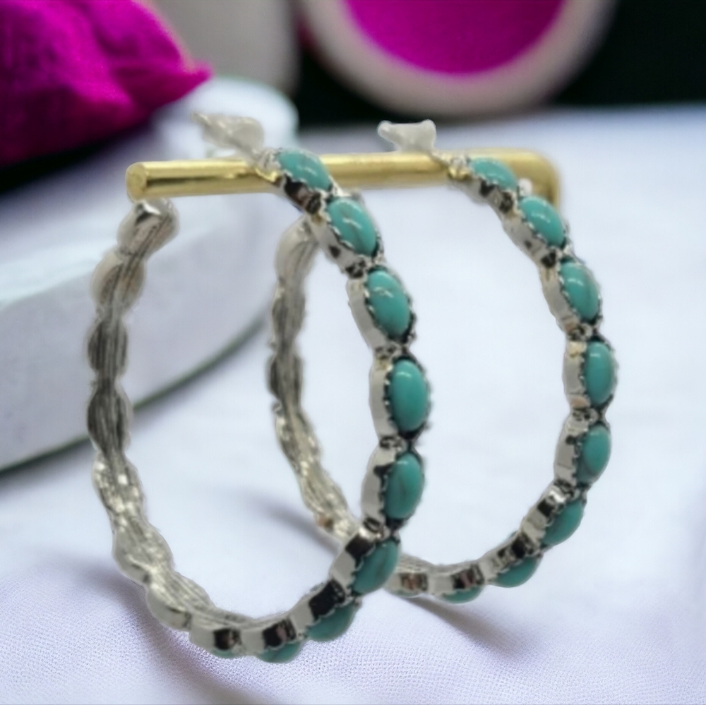 Turquoise Stone Hoop Earrings - Silver Tone Women’s Jewelry
